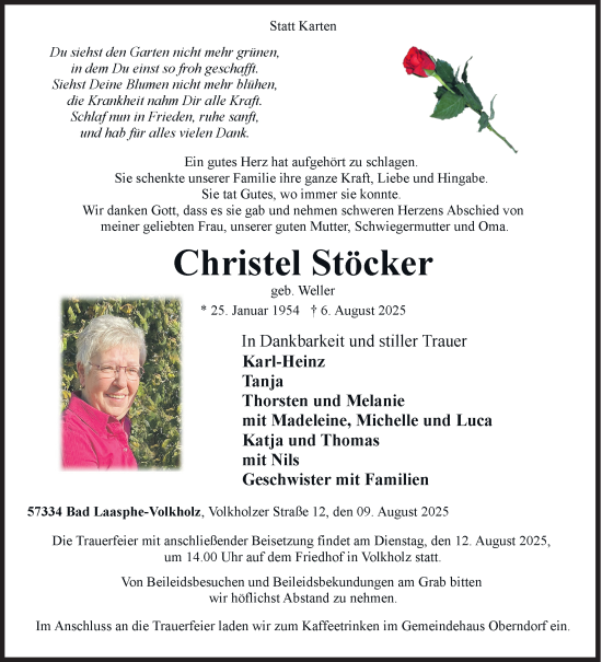 Traueranzeige von Christel Stöcker von Siegener Zeitung