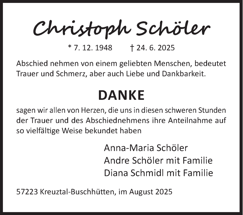  Traueranzeige für Christoph Schöler vom 23.08.2025 aus Siegener Zeitung