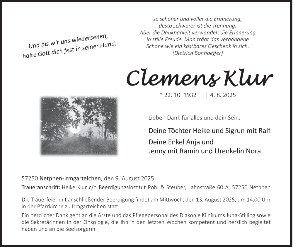  Traueranzeige für Clemens Klur vom 09.08.2025 aus Siegener Zeitung