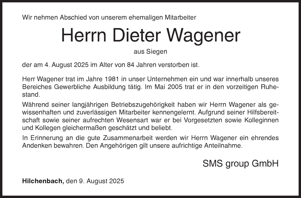  Traueranzeige für Dieter Wagener vom 09.08.2025 aus Siegener Zeitung