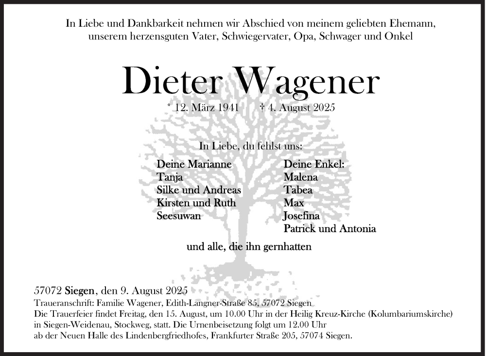  Traueranzeige für Dieter Wagener vom 09.08.2025 aus Siegener Zeitung