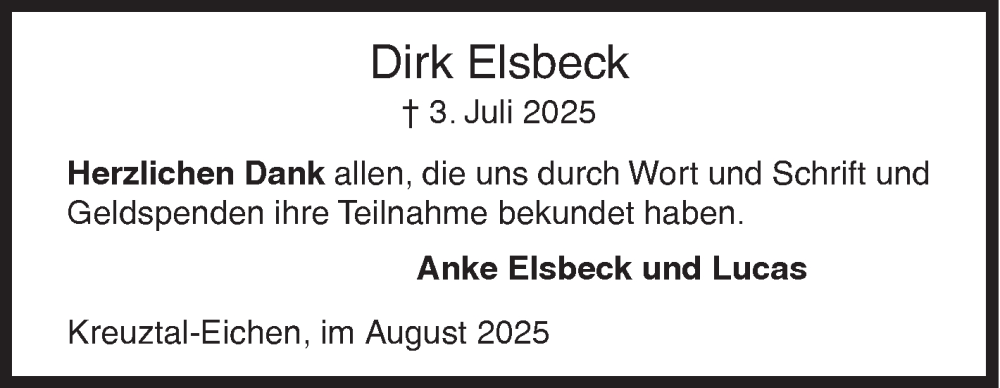  Traueranzeige für Dirk Elsbeck vom 19.08.2025 aus Siegener Zeitung