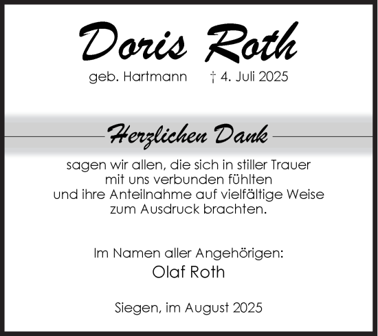 Traueranzeige von Doris Roth von Siegener Zeitung