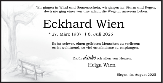Traueranzeige von Eckhard Wien von Siegener Zeitung