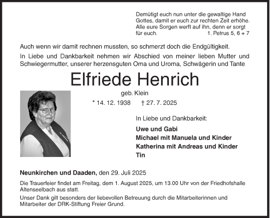 Traueranzeige von Elfriede Henrich von Siegener Zeitung