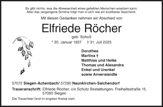 Traueranzeige von Elfriede Röcher von Siegener Zeitung