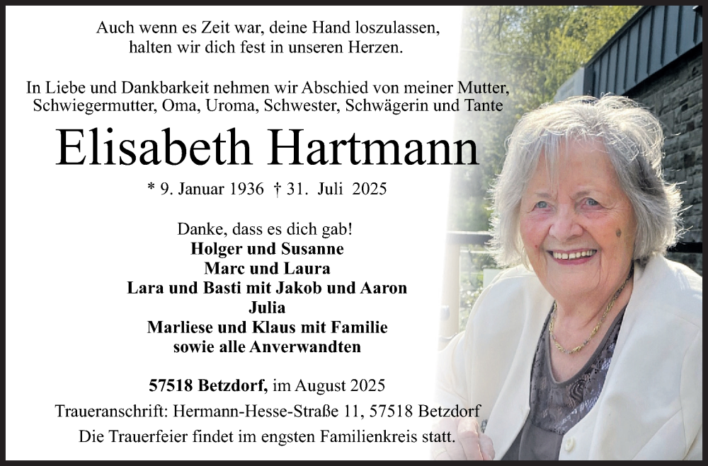  Traueranzeige für Elisabeth Hartmann vom 09.08.2025 aus Siegener Zeitung