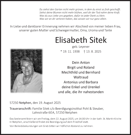 Traueranzeige von Elisabeth Sitek von Siegener Zeitung