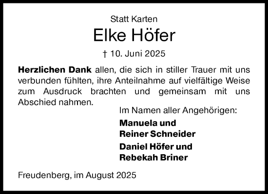 Traueranzeige von Elke Höfer von Siegener Zeitung