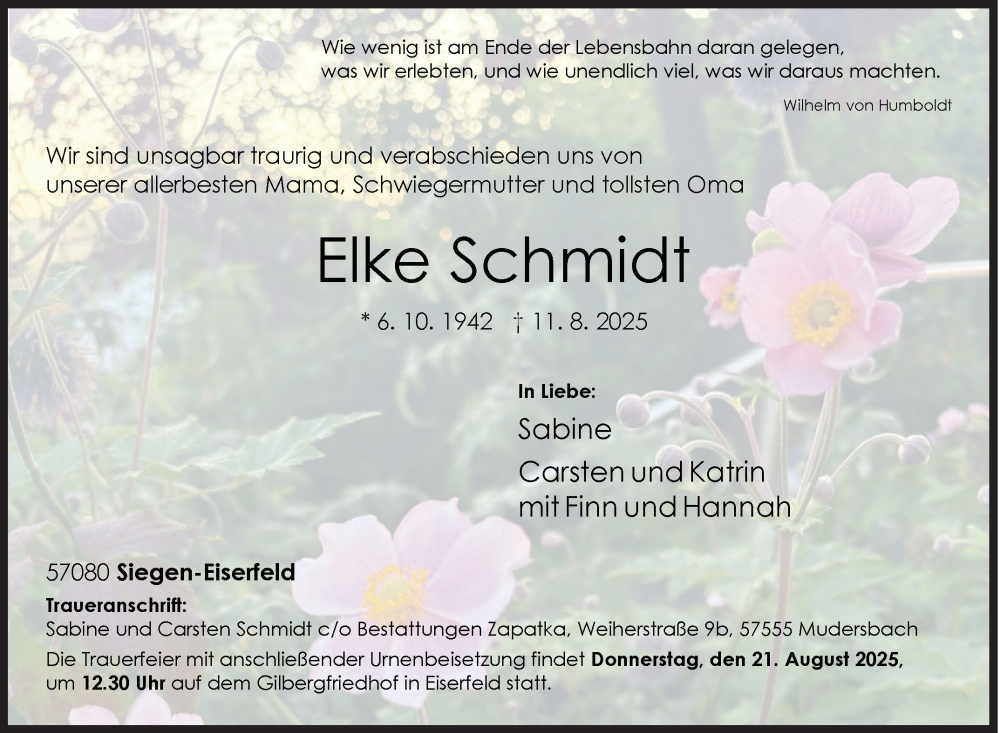  Traueranzeige für Elke Schmidt vom 16.08.2025 aus Siegener Zeitung