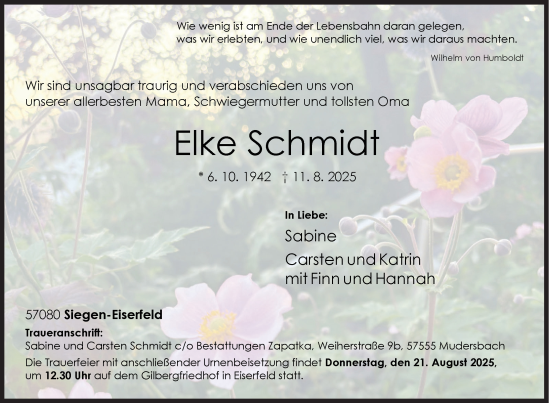Traueranzeige von Elke Schmidt von Siegener Zeitung