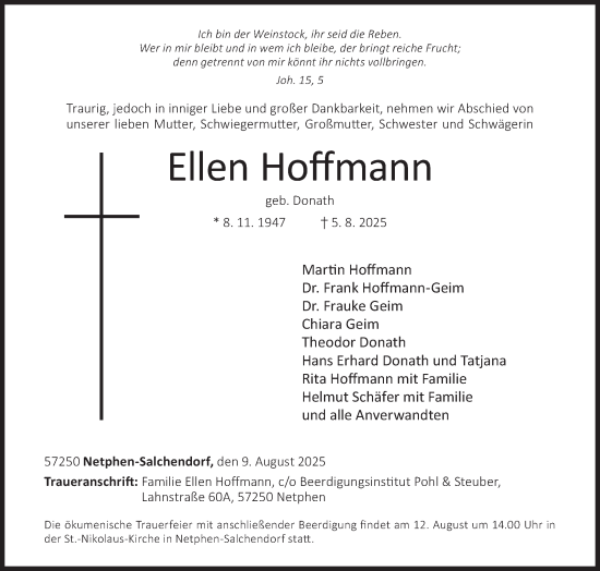 Traueranzeige von Ellen Hoffmann von Siegener Zeitung