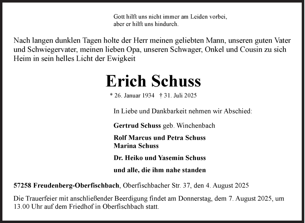  Traueranzeige für Erich Schuss vom 04.08.2025 aus Siegener Zeitung