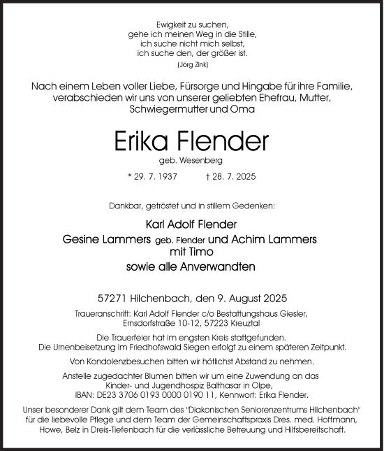 Traueranzeige von Erika Flender von Siegener Zeitung