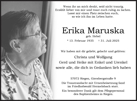 Traueranzeige von Erika Maruska von Siegener Zeitung