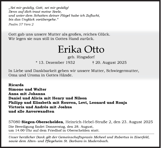 Traueranzeige von Erika Otto von Siegener Zeitung