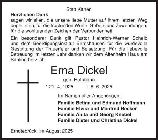 Traueranzeige von Erna Dickel von Siegener Zeitung