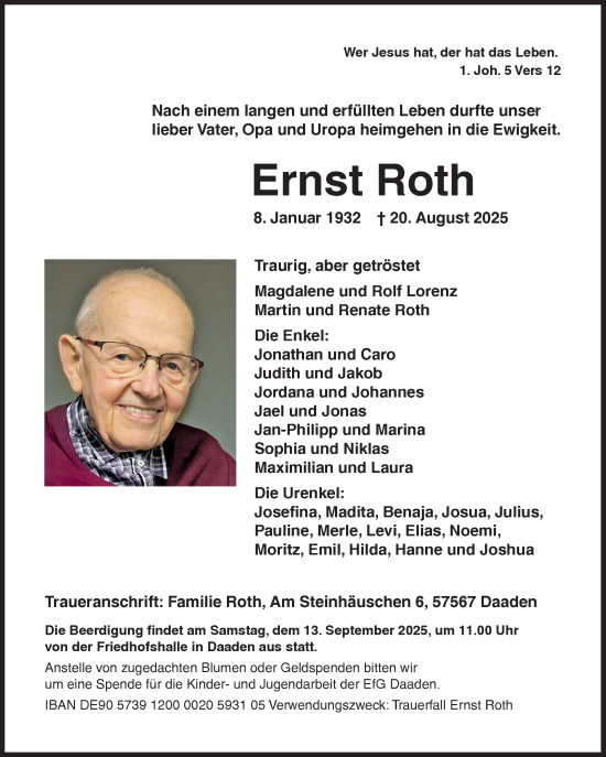 Traueranzeige von Ernst Roth von Siegener Zeitung