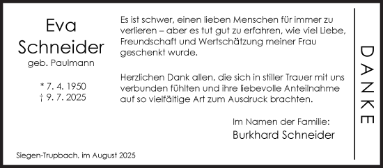 Traueranzeige von Eva Schneider von Siegener Zeitung