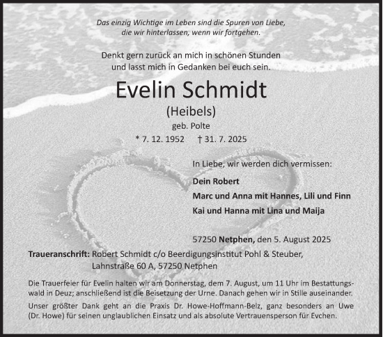 Traueranzeige von Evelin Schmidt von Siegener Zeitung