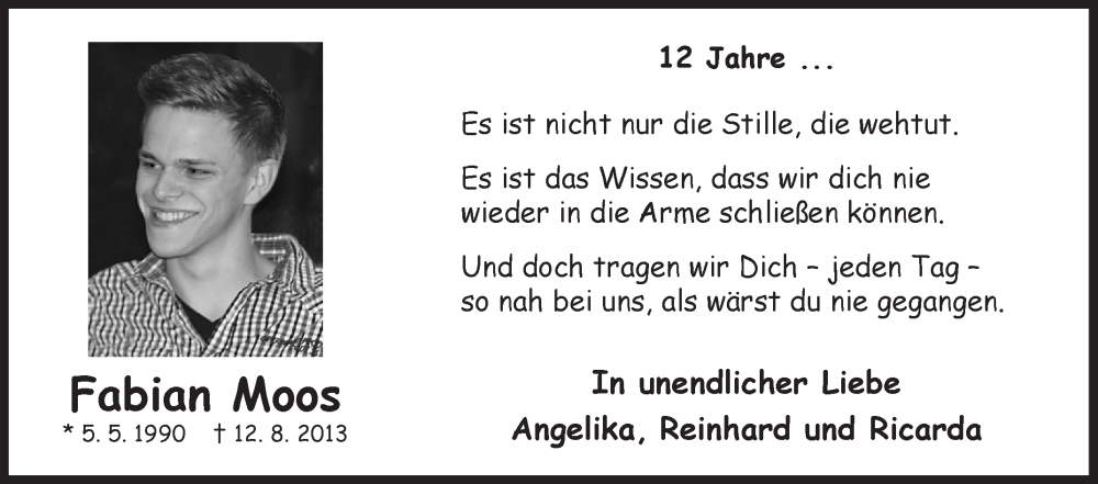  Traueranzeige für Fabian Moos vom 12.08.2025 aus Siegener Zeitung