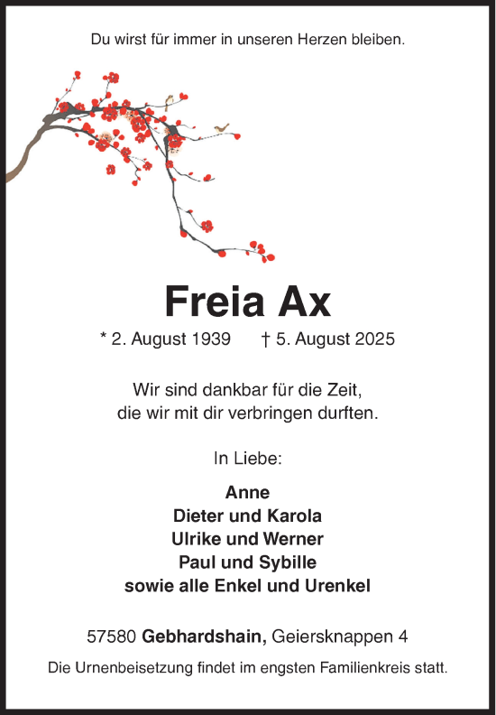 Traueranzeige von Freia Ax von Siegener Zeitung