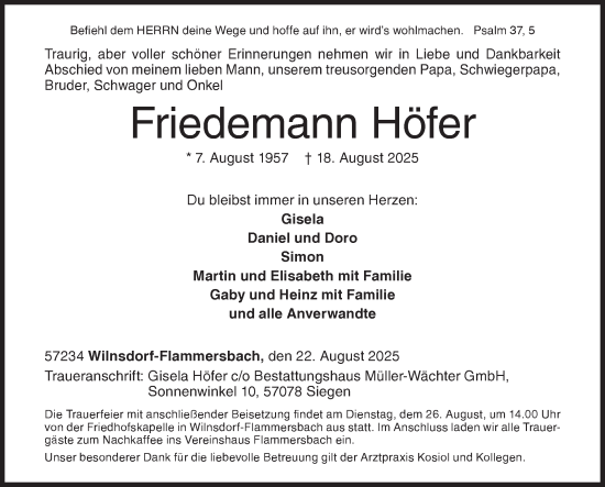 Traueranzeige von Friedemann Höfer von Siegener Zeitung