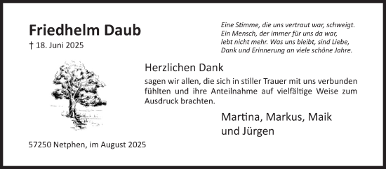 Traueranzeige von Friedhelm Daub von Siegener Zeitung