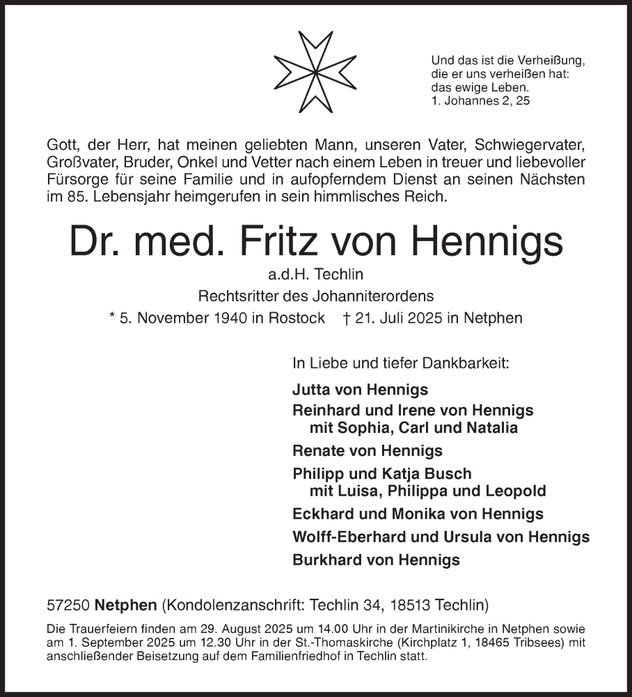  Traueranzeige für Fritz von Hennigs vom 23.08.2025 aus Siegener Zeitung