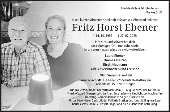 Traueranzeige von Fritz Horst Ebener von Siegener Zeitung