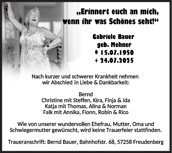 Traueranzeige von Gabriele Bauer von Siegener Zeitung