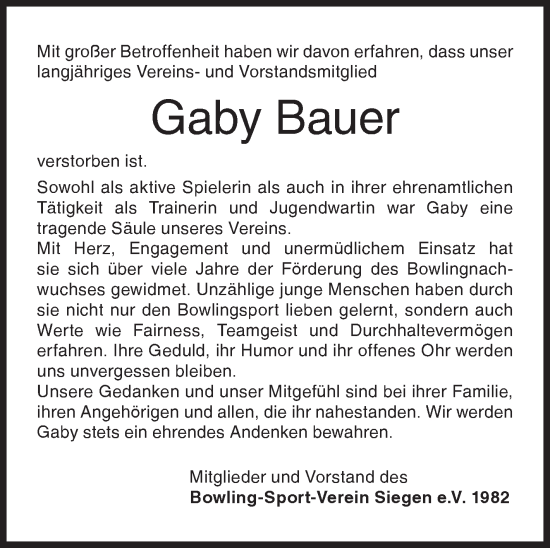 Traueranzeige von Gaby Bauer von Siegener Zeitung