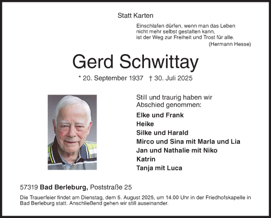 Traueranzeige von Gerd Schwittay von Siegener Zeitung