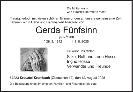 Traueranzeige von Gerda Fünfsinn von Siegener Zeitung