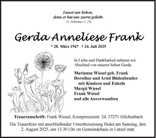 Traueranzeige von Gerda Anneliese Frank von Siegener Zeitung