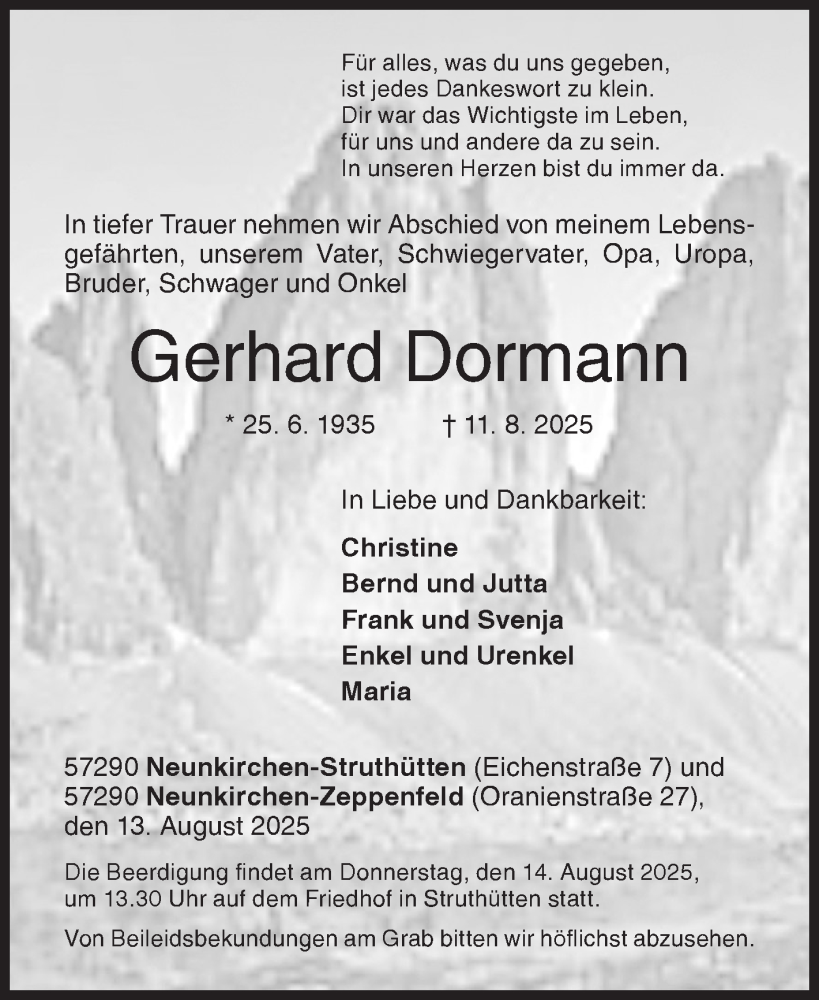  Traueranzeige für Gerhard Dormann vom 13.08.2025 aus Siegener Zeitung