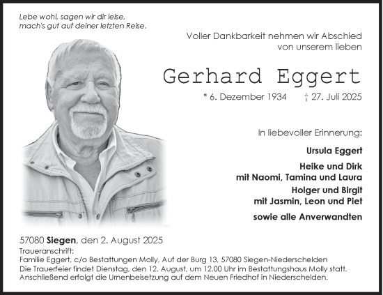 Traueranzeige von Gerhard Eggert von Siegener Zeitung