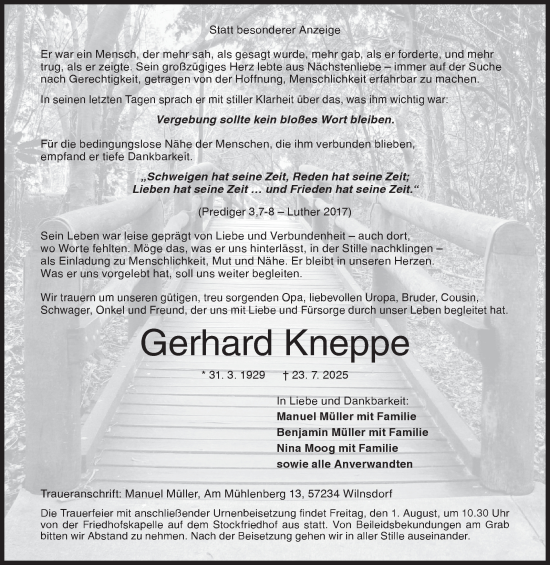 Traueranzeige von Gerhard Kneppe von Siegener Zeitung