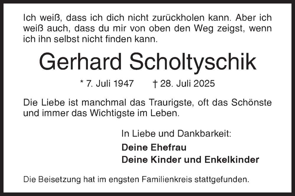  Traueranzeige für Gerhard Scholtyschik vom 07.08.2025 aus Siegener Zeitung