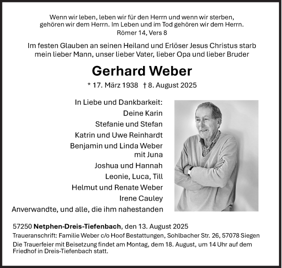 Traueranzeige von Gerhard Weber von Siegener Zeitung