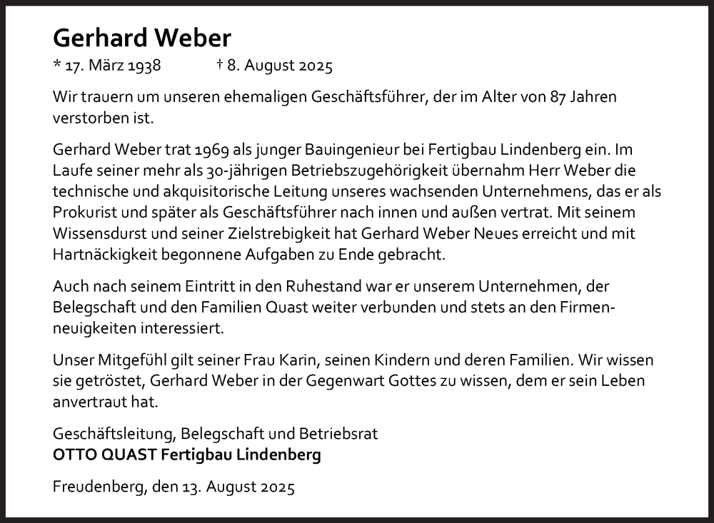  Traueranzeige für Gerhard Weber vom 13.08.2025 aus Siegener Zeitung