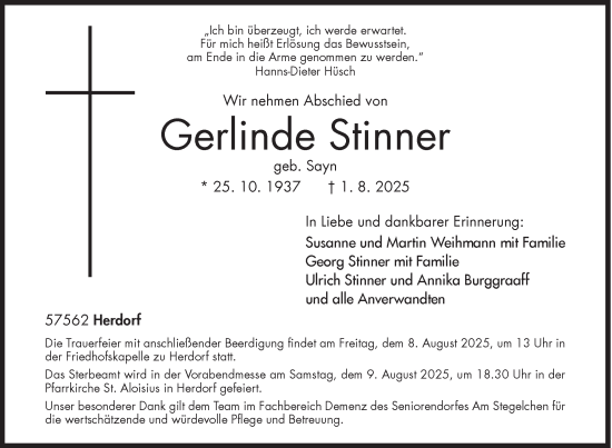 Traueranzeige von Gerlinde Stinner von Siegener Zeitung