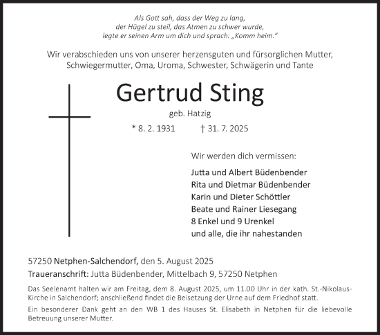 Traueranzeige von Gertrud Sting von Siegener Zeitung