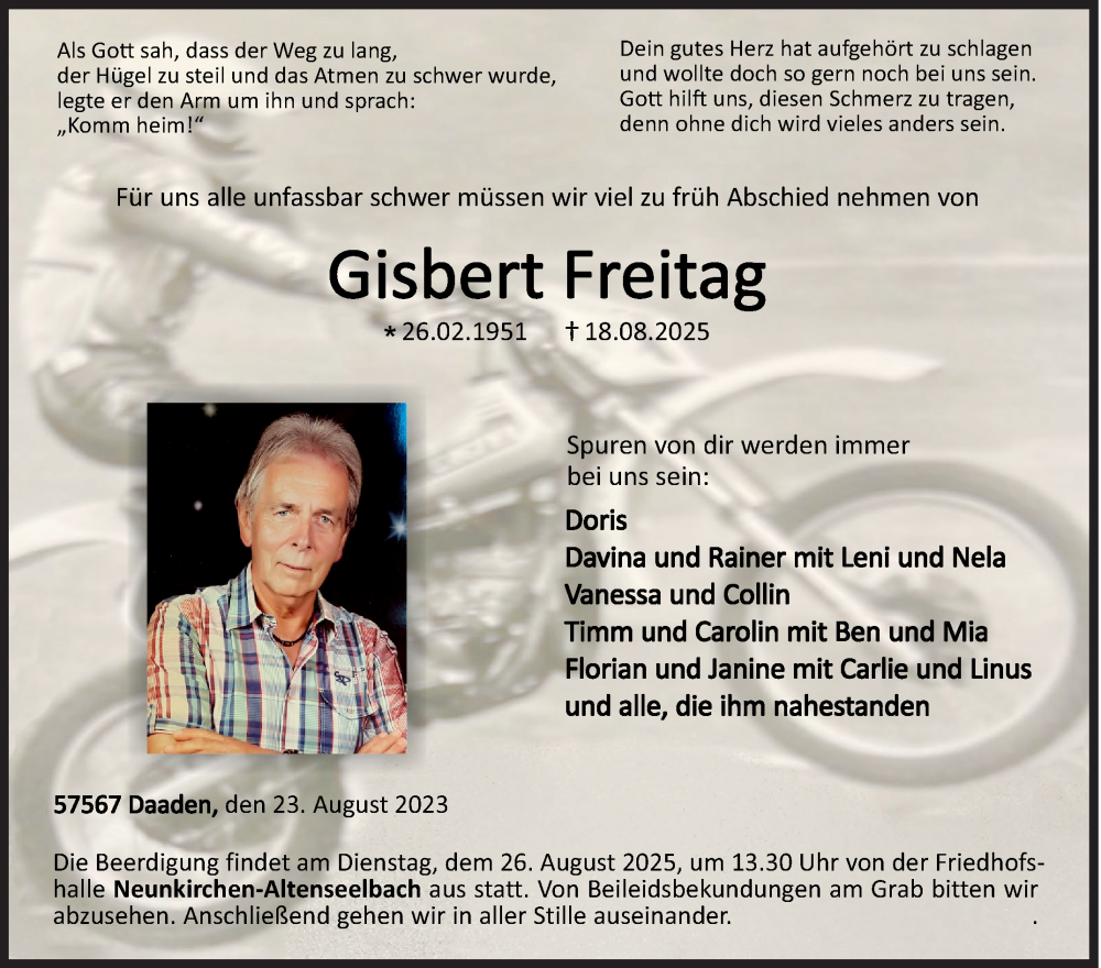  Traueranzeige für Gisbert Freitag vom 23.08.2025 aus Siegener Zeitung
