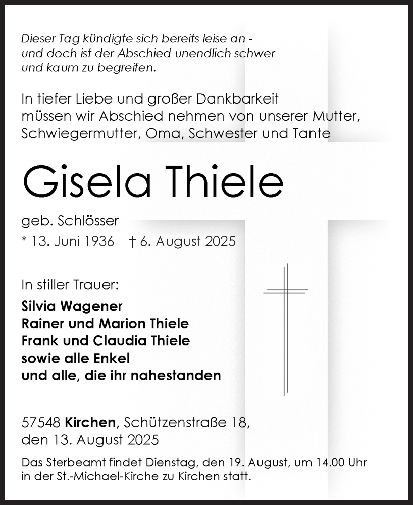  Traueranzeige für Gisela Thiele vom 13.08.2025 aus Siegener Zeitung