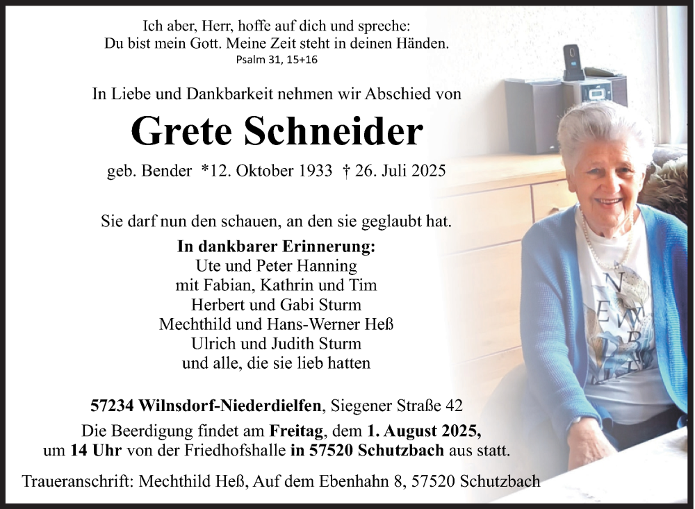  Traueranzeige für Grete Schneider vom 30.07.2025 aus Siegener Zeitung
