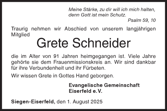 Traueranzeige von Grete Schneider von Siegener Zeitung