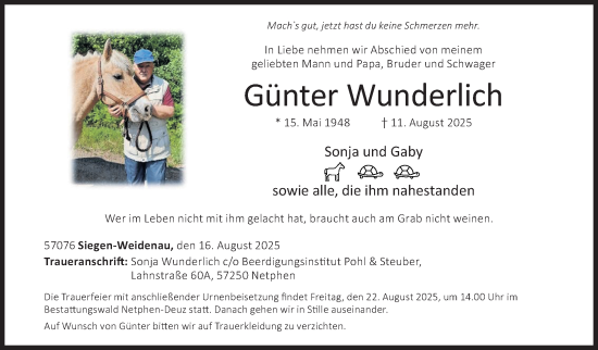 Traueranzeige von Günter Wunderlich von Siegener Zeitung