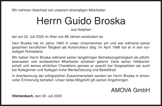 Traueranzeige von Guido Broska von Siegener Zeitung