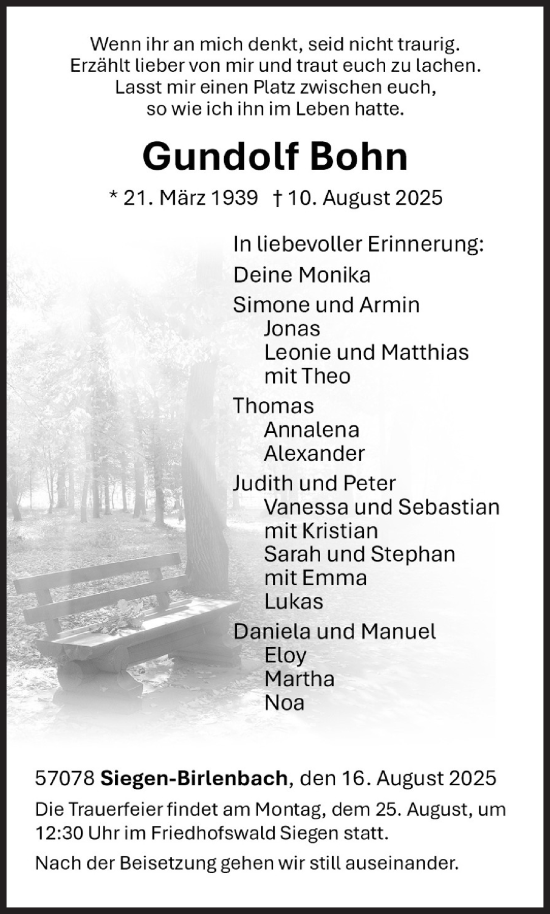 Traueranzeige von Gundolf Bohn von Siegener Zeitung